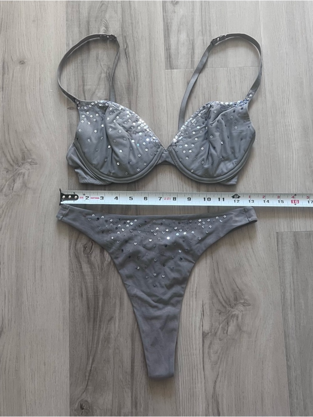 Vintage Victoria’s Secret grey mesh sequinned bra 36C thong L NWOT deadstock y2k - Picture 13 of 17
